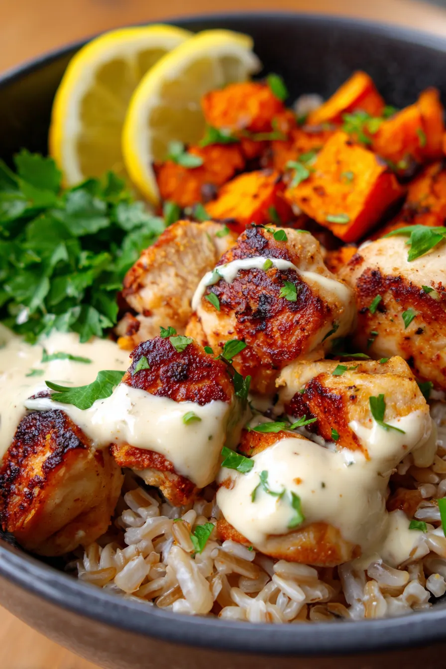Healthy Chicken and Sweet Potato Rice Bowl-assembled-vibrant