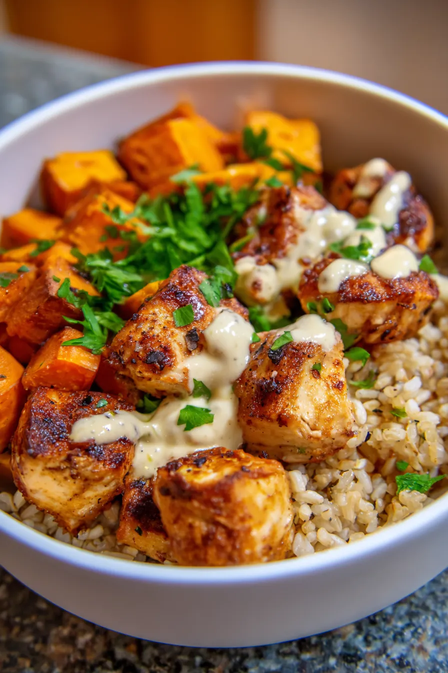 Healthy Chicken and Sweet Potato Rice Bowl-chicken-closeup