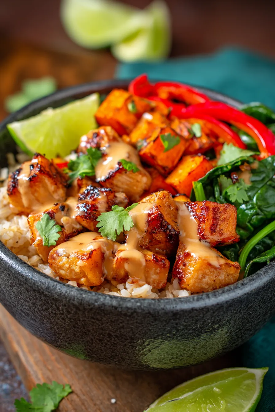 Healthy Chicken and Sweet Potato Rice Bowl-sauce-drizzle-closeup