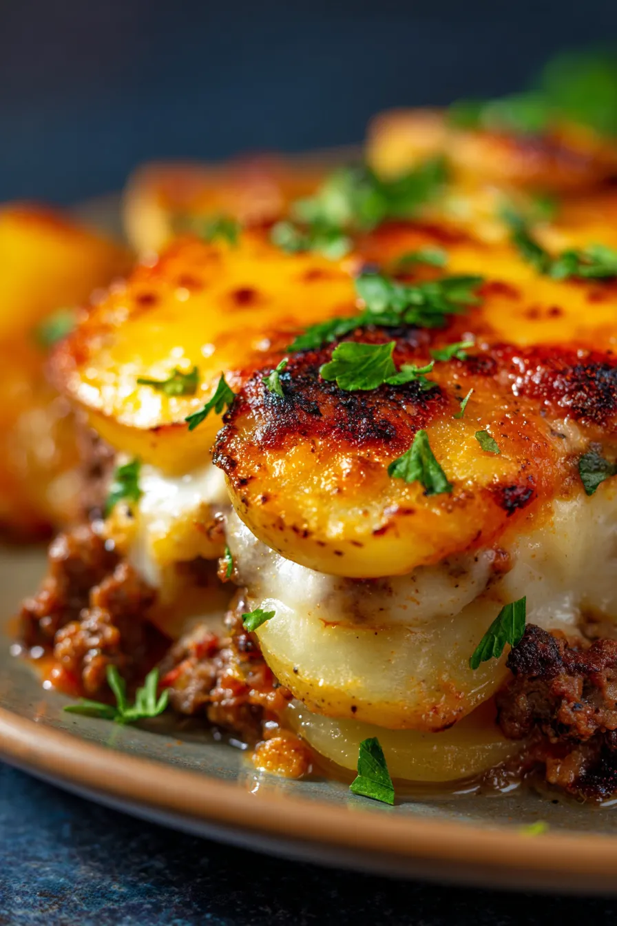 Hobo Casserole with Ground Beef and Potatoes-layers-closeup