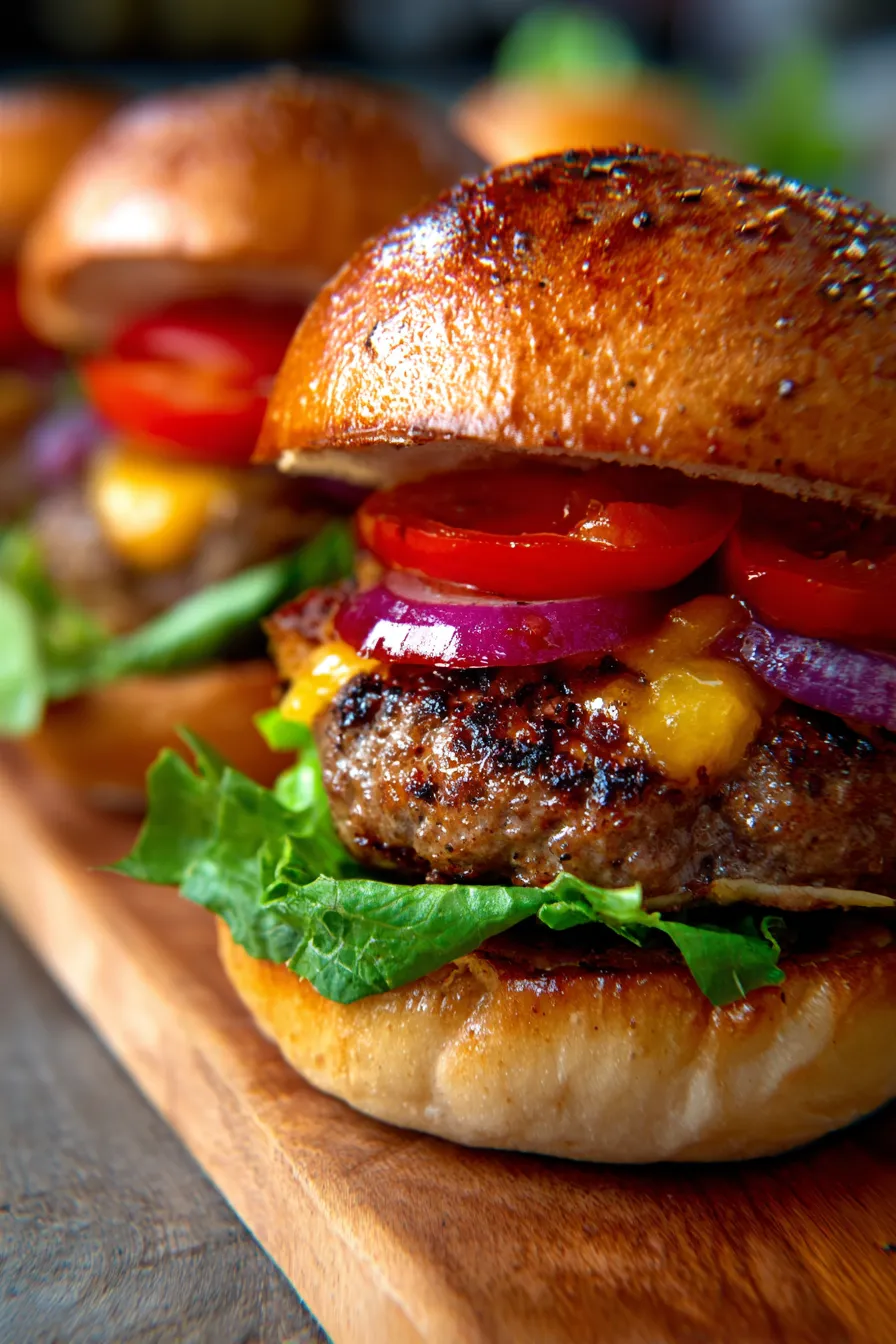 Homemade Burger Patties for Dinner - stacked on bun - fresh toppings