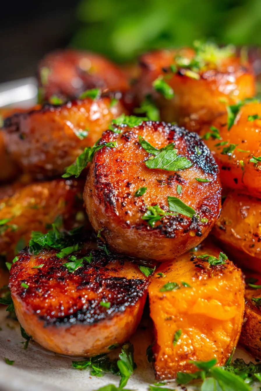 Honey Garlic Sausage with Sweet Potatoes-closeup-texture