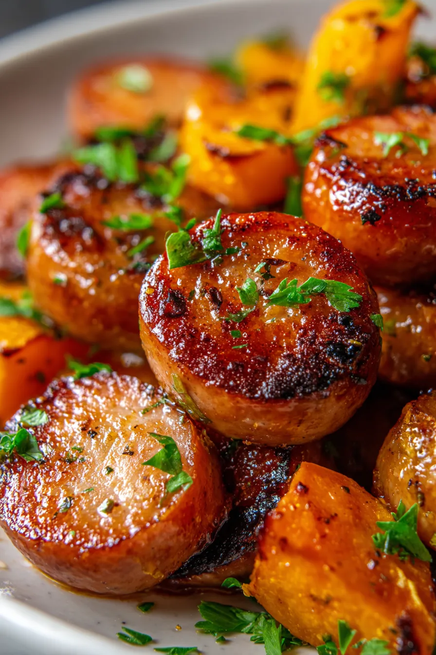 Honey Garlic Sausage with Sweet Potatoes-serving-rustic