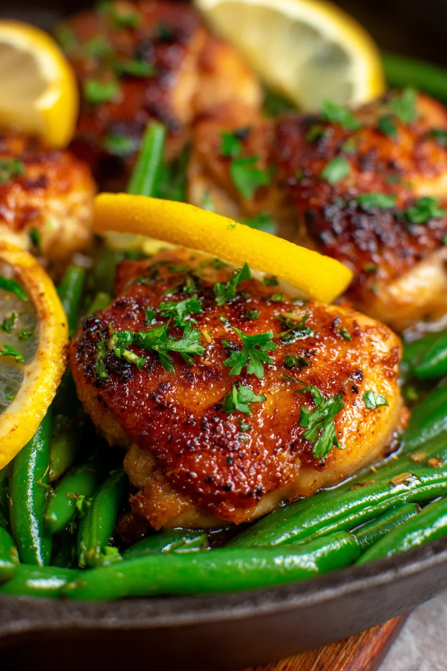 Lemon Garlic Butter Chicken Thighs with Green Beans Skillet-texture-crispy-skin