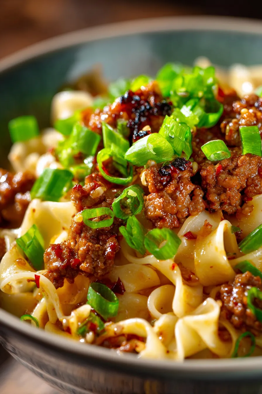 Mongolian Ground Beef Noodles - close up - glistening sauce