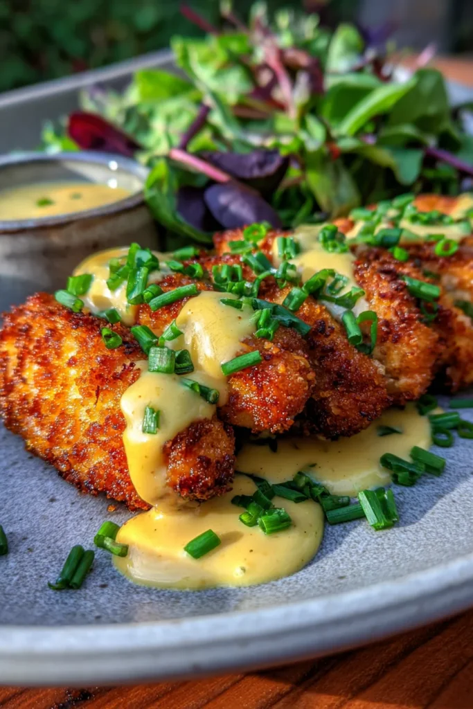 Crispy Pretzel Crusted Chicken with Mustard Cheddar Sauce