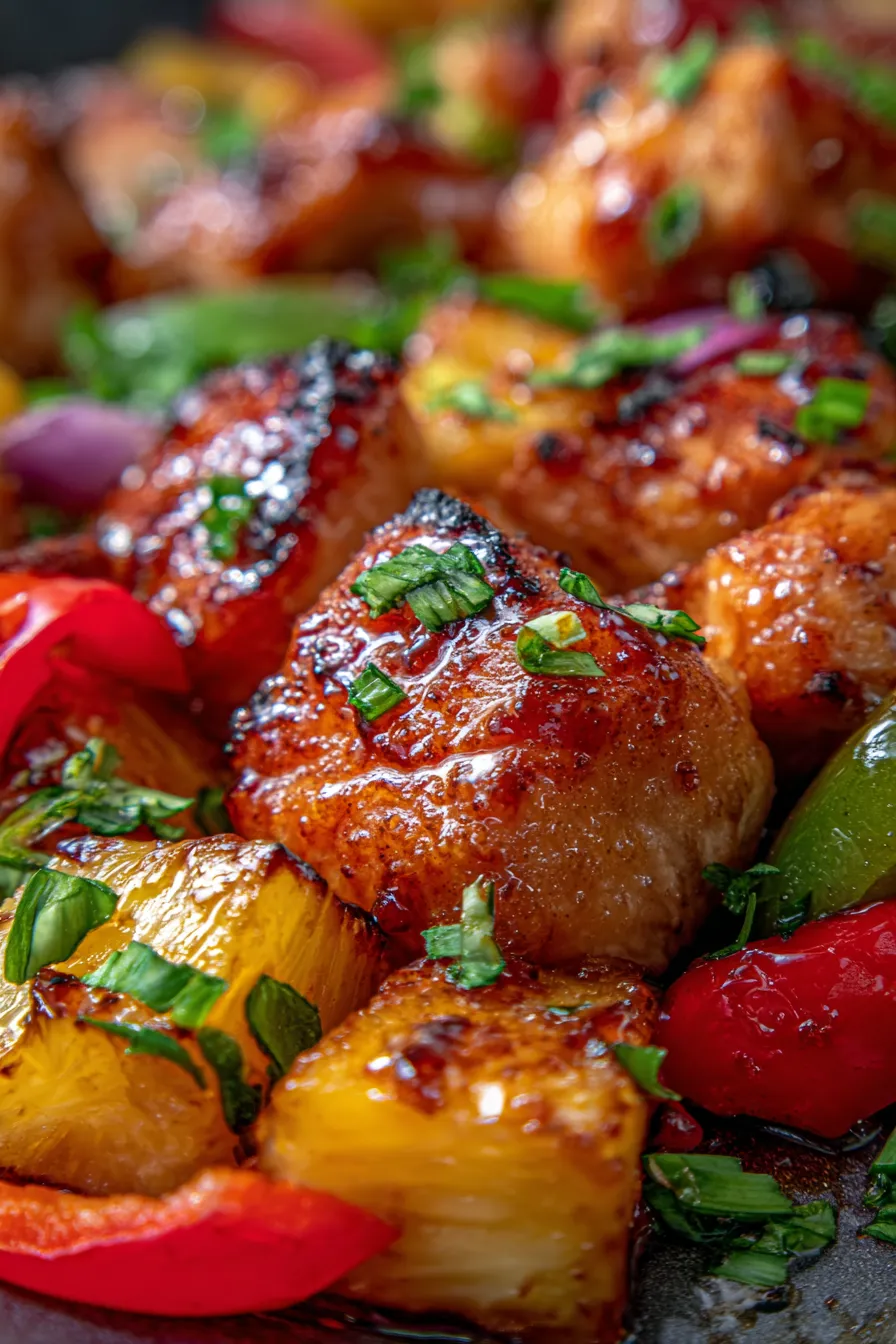 Sheet Pan Hawaiian Chicken with Pineapple-plated-closeup
