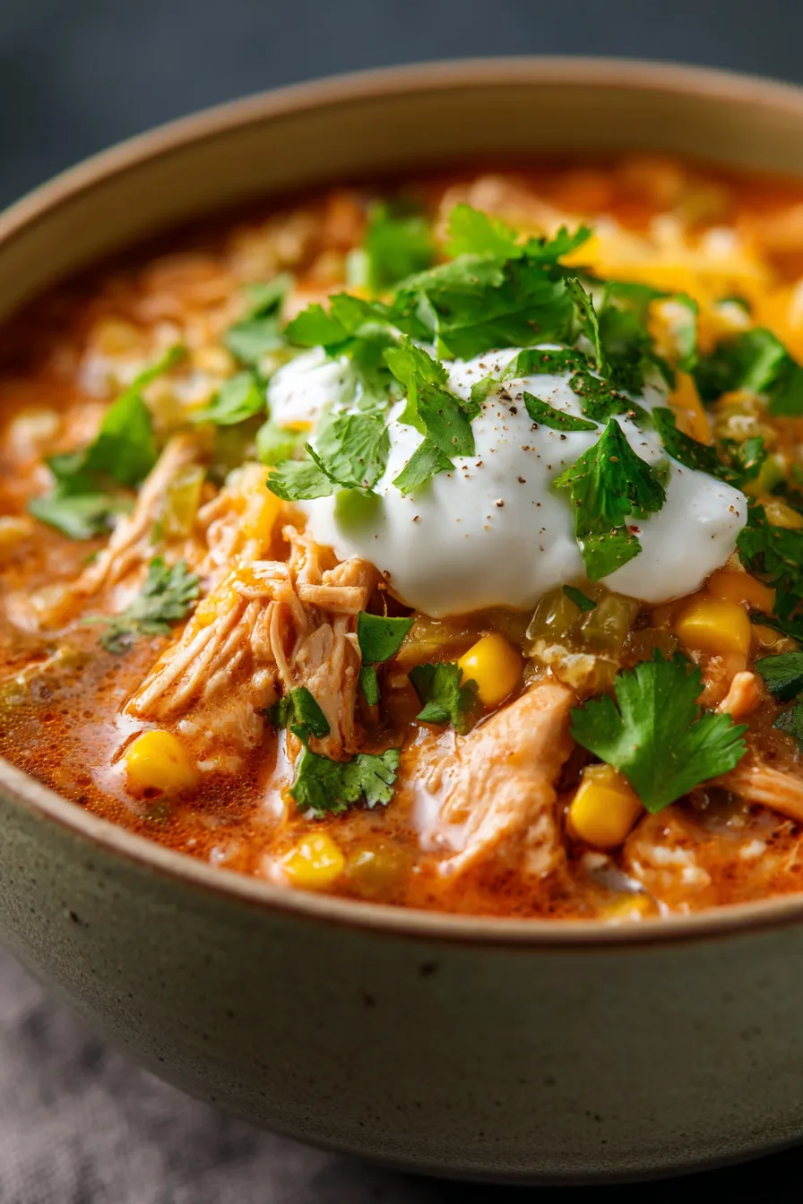 Slow Cooker Enchilada Soup - serving bowl with a spoon, warm lighting