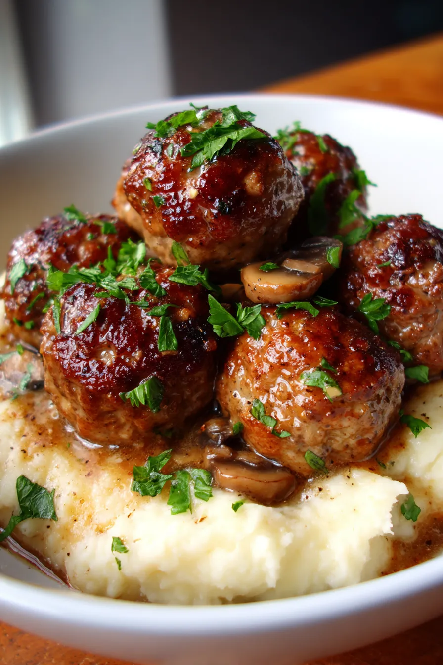 Slow Cooker Salisbury Steak Meatballs-meatballs-closeup
