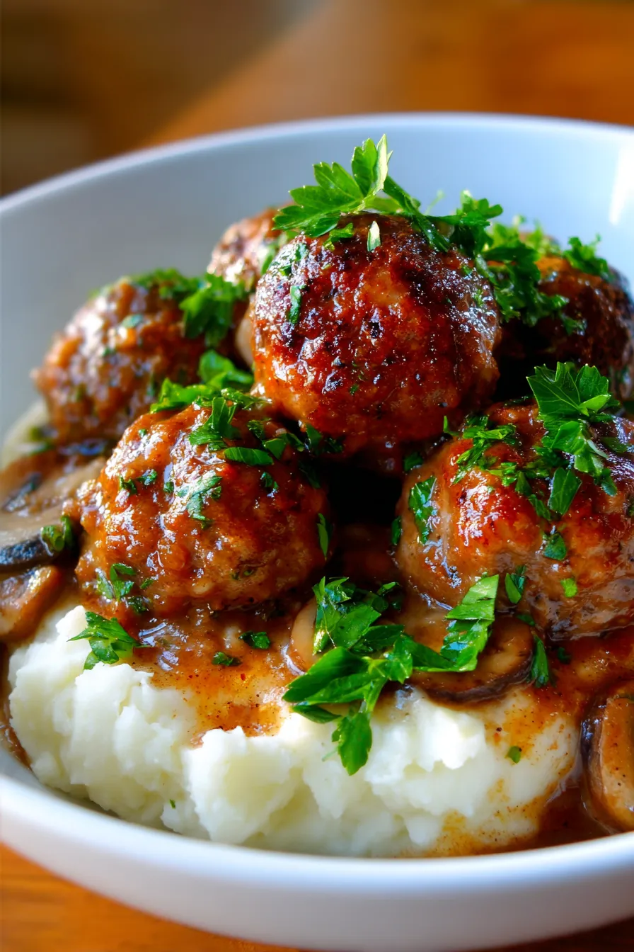 Slow Cooker Salisbury Steak Meatballs-overhead-view