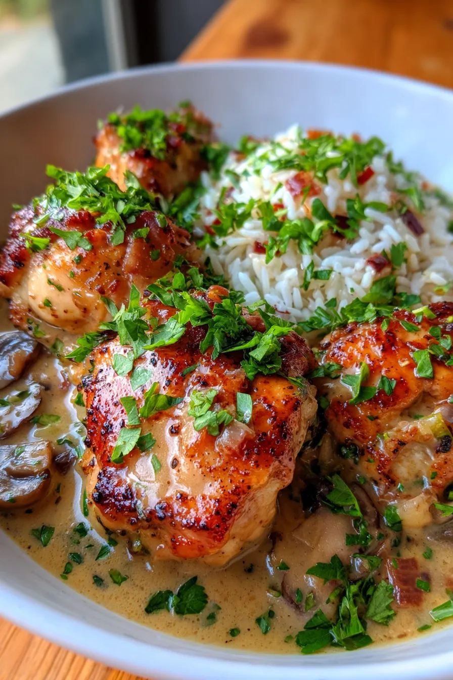 Smothered Chicken and Rice (Comfort Food Classic) garnishing fresh parsley