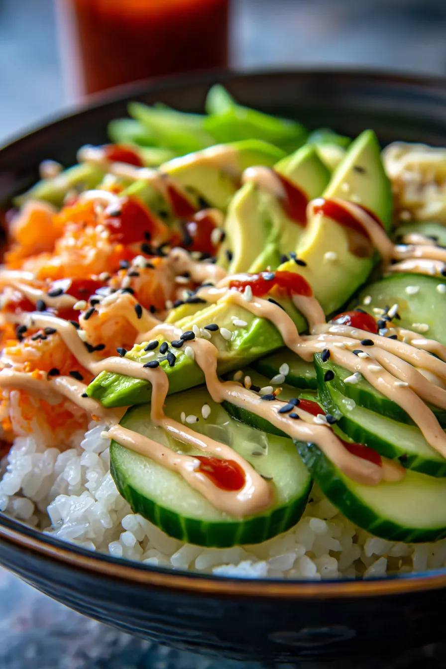 spicy crab avocado rice bowl