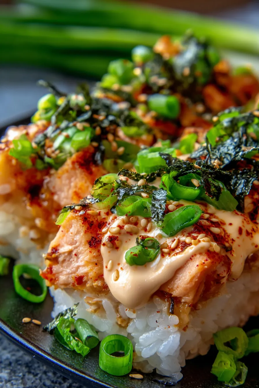 Spicy Salmon Sushi Bake (Easy Oven Dinner)-sliced-closeup