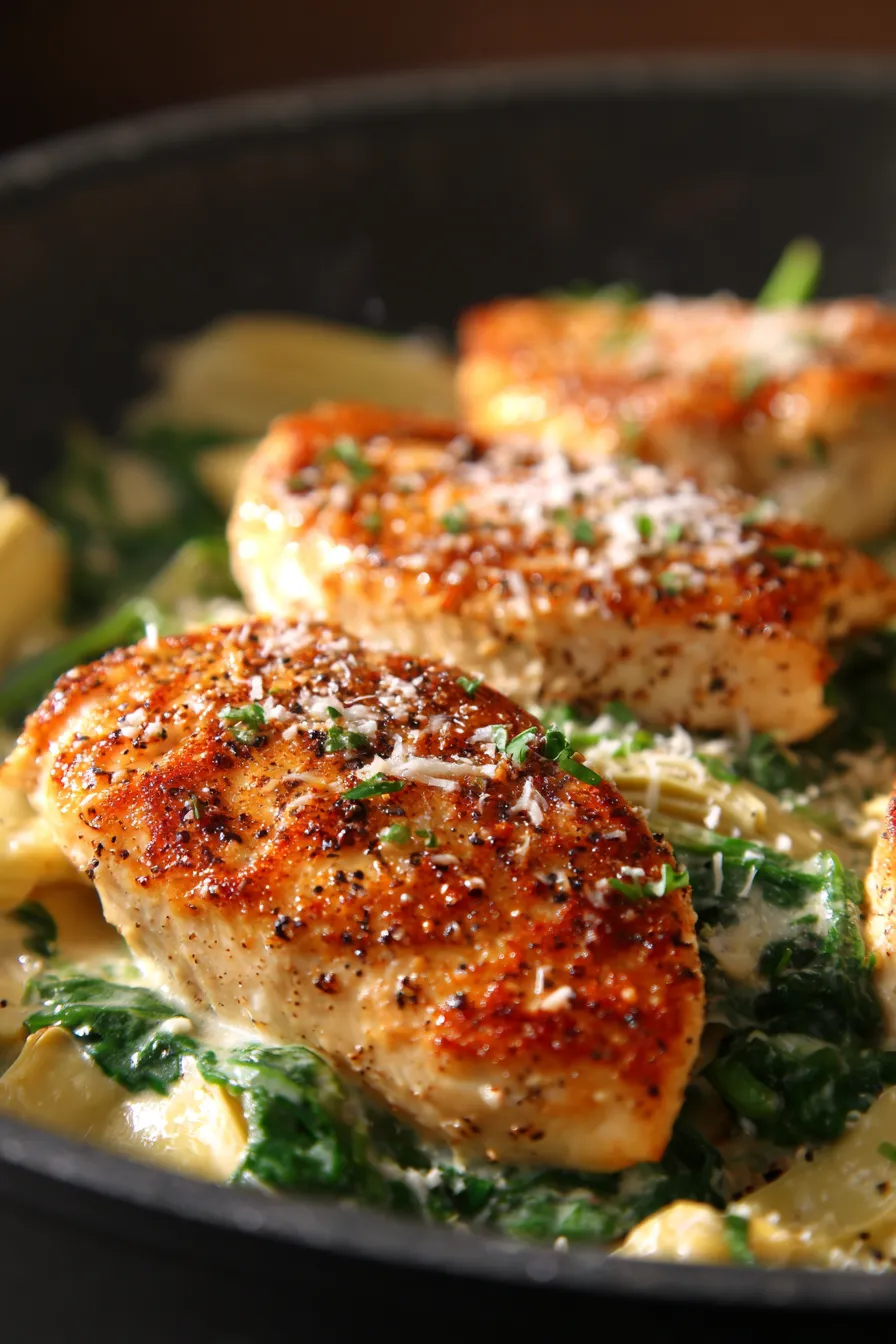 Spinach Artichoke Chicken Skillet-sauce-closeup