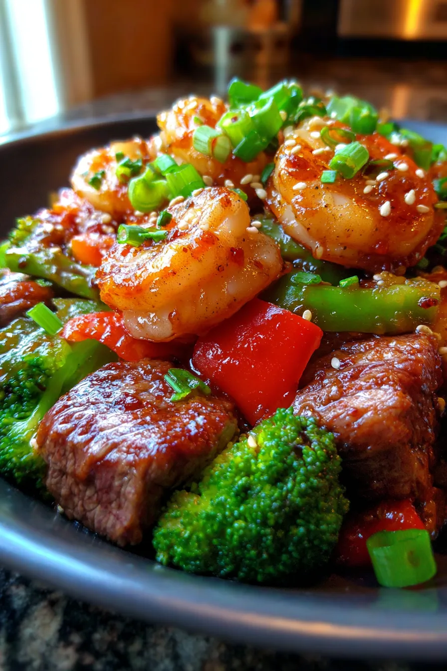 Steak and Shrimp Stir-Fry (High-Protein Skillet)-closeup-texture