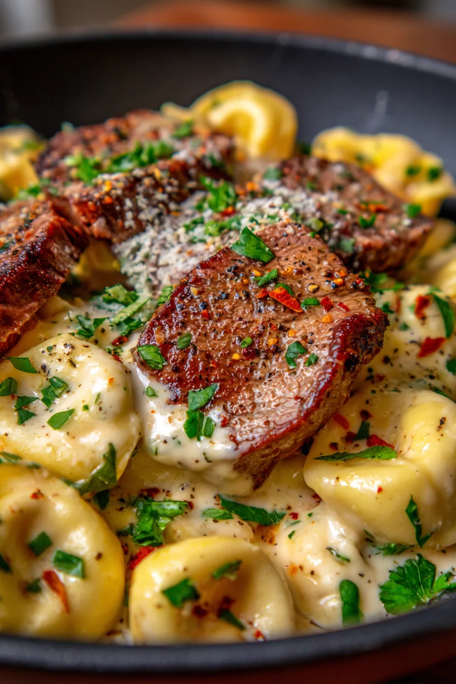 Steak Tortellini-pasta-dinner-overhead