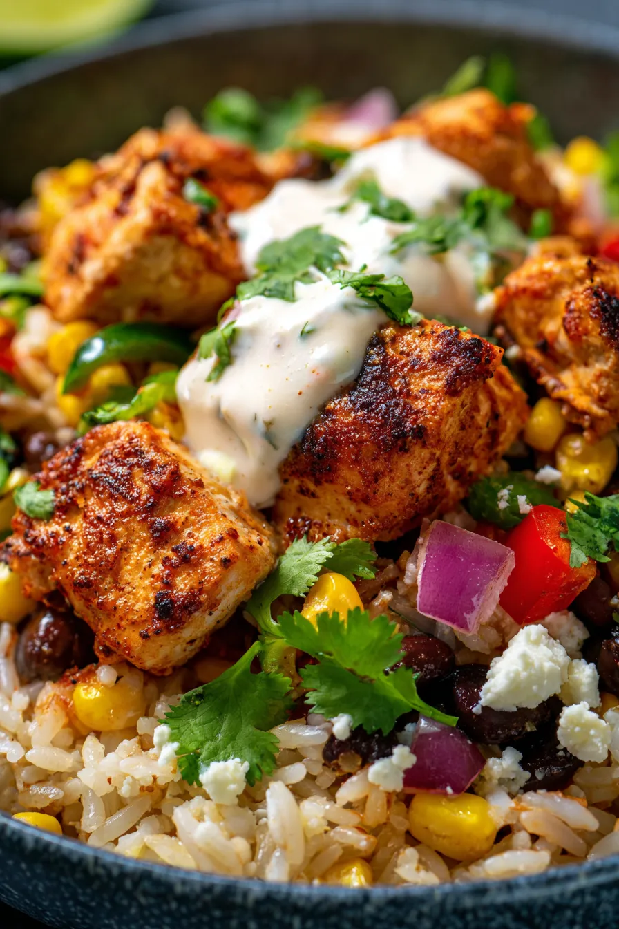 Street Corn Chicken Rice Bowl-serving-closeup