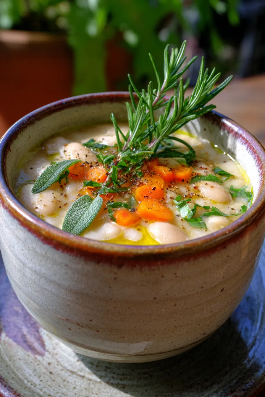 Tuscan White Bean Soup with Herbs, creamy texture, fresh herbs, overhead shot