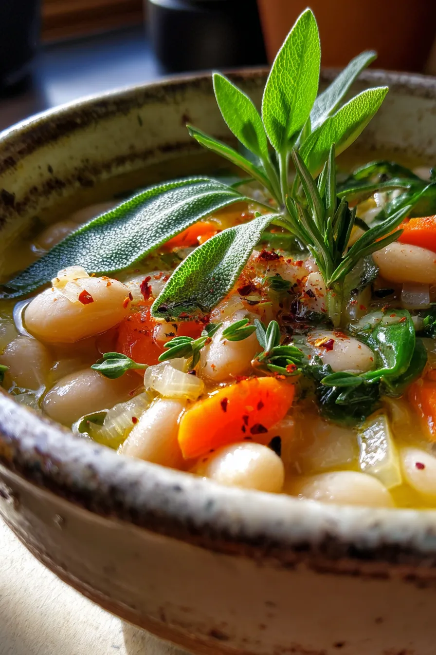 Tuscan White Bean Soup with Herbs, simmering pot, wholesome ingredients, kitchen prep