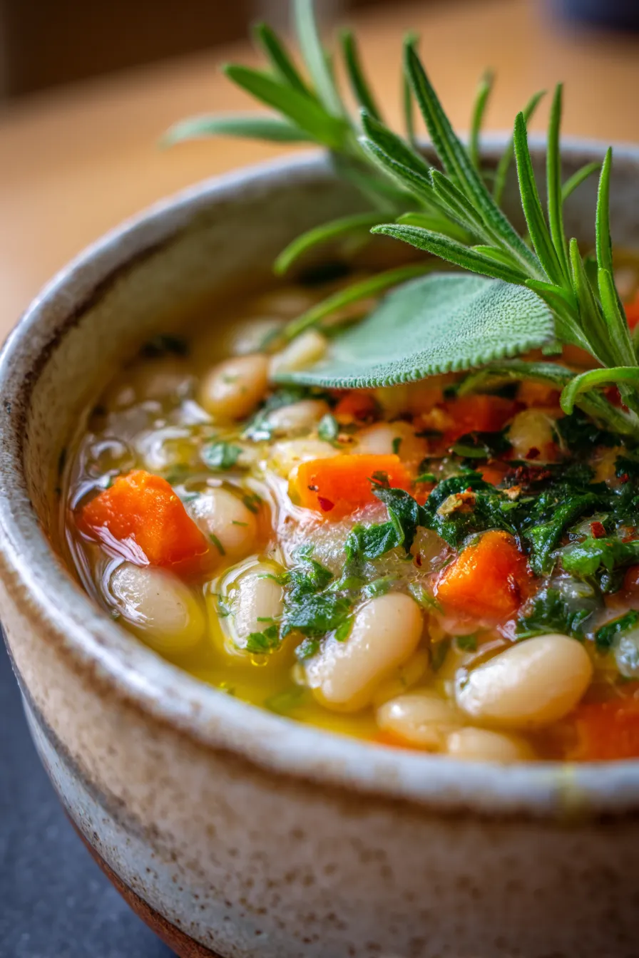 Tuscan White Bean Soup with Herbs, warm comfort food, steam rising, close-up