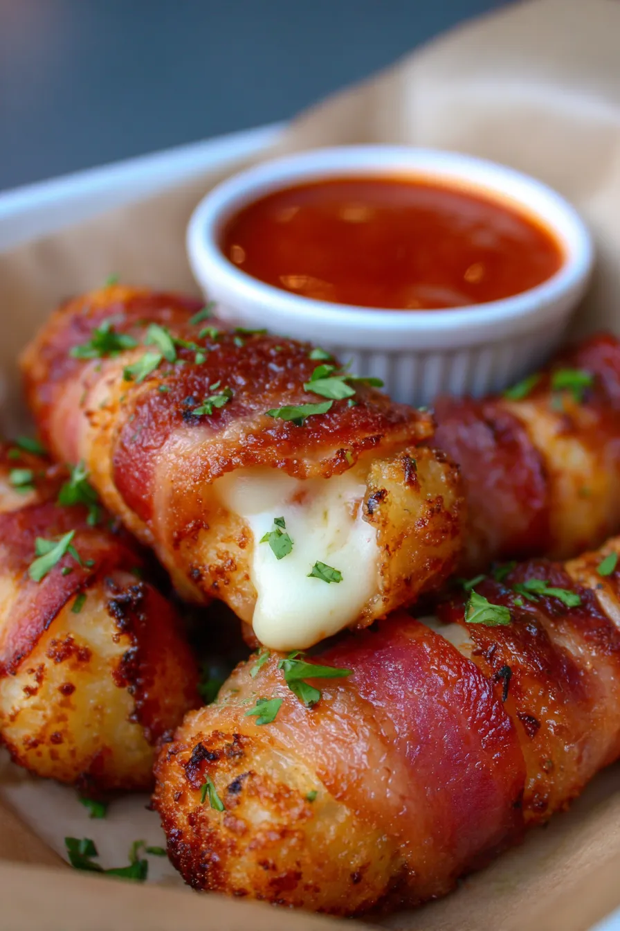 Bacon Wrapped Mozzarella Sticks golden crispy