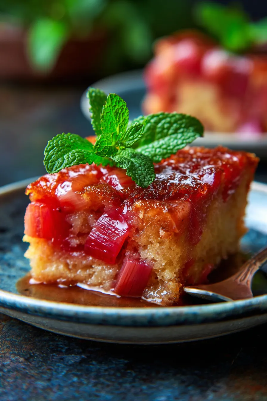 Baked Sticky Rhubarb Pudding – Easy Cooking Ideas-slice-closeup-sauce