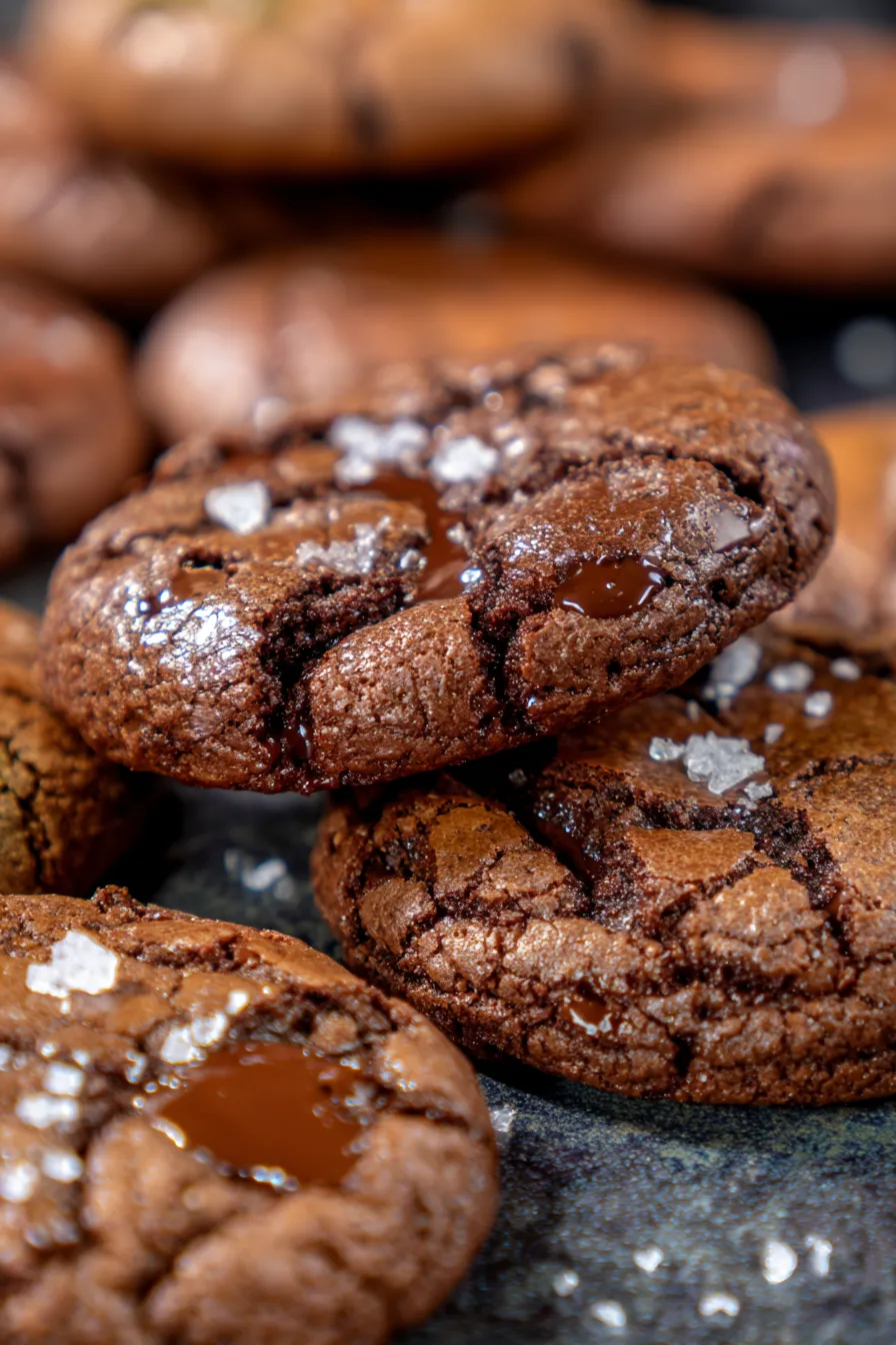 brownie cookies stacked with crumbs