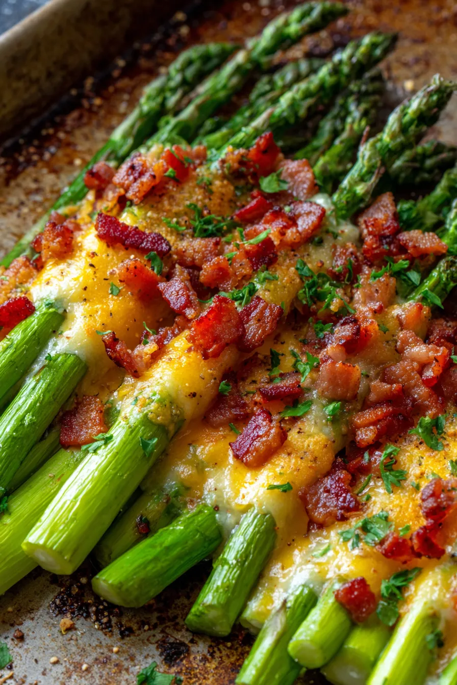 cheesy baked asparagus with bacon-individual serving-closeup