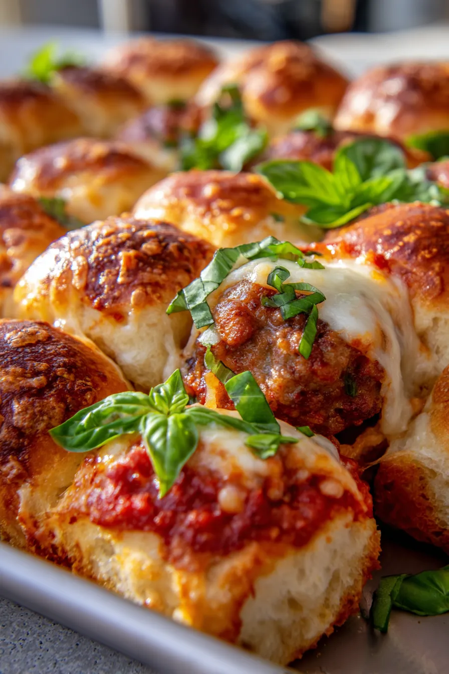 Cheesy Saucy Meatball Sliders - close-up pull apart action with cheese stretch