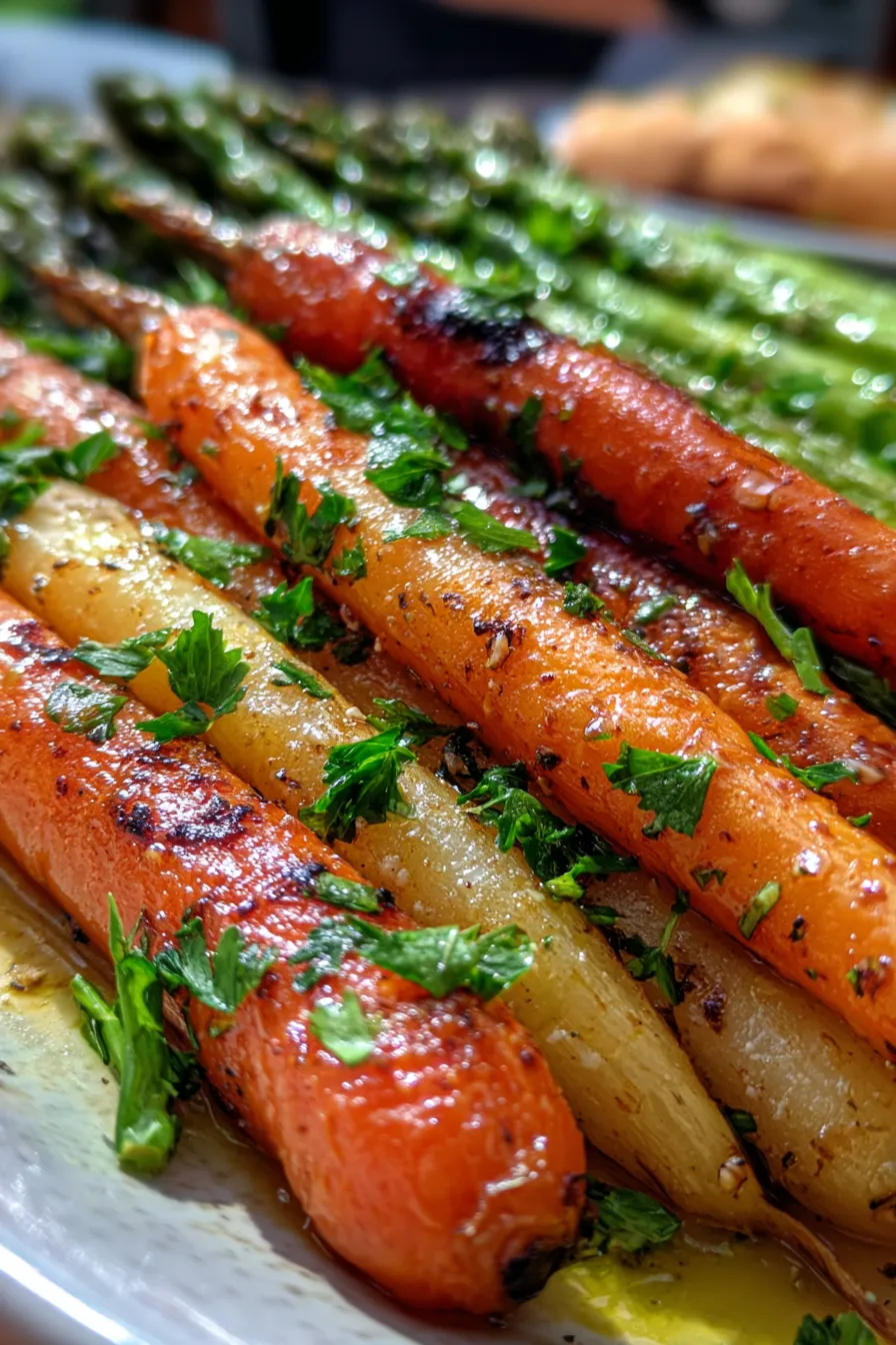 Close up of caramelized roasted carrots and tender-crisp asparagus spears, shimmering with olive oil, ready to serve, bokeh background.