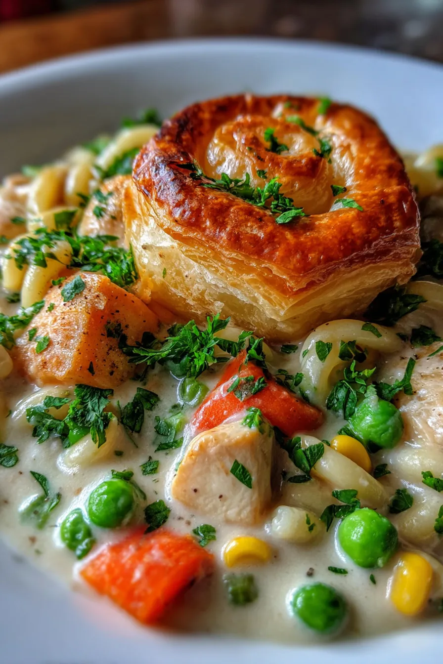 Cozy Chicken Pot Pie Pasta-bowl-garnished-fresh-herbs