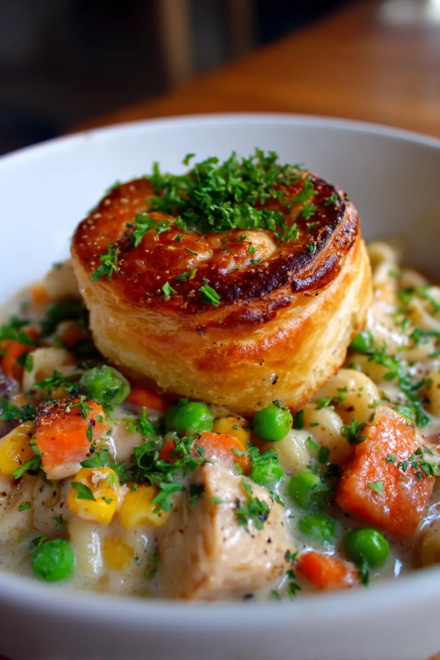 Cozy Chicken Pot Pie Pasta-texture-closeup-golden-crust-elements