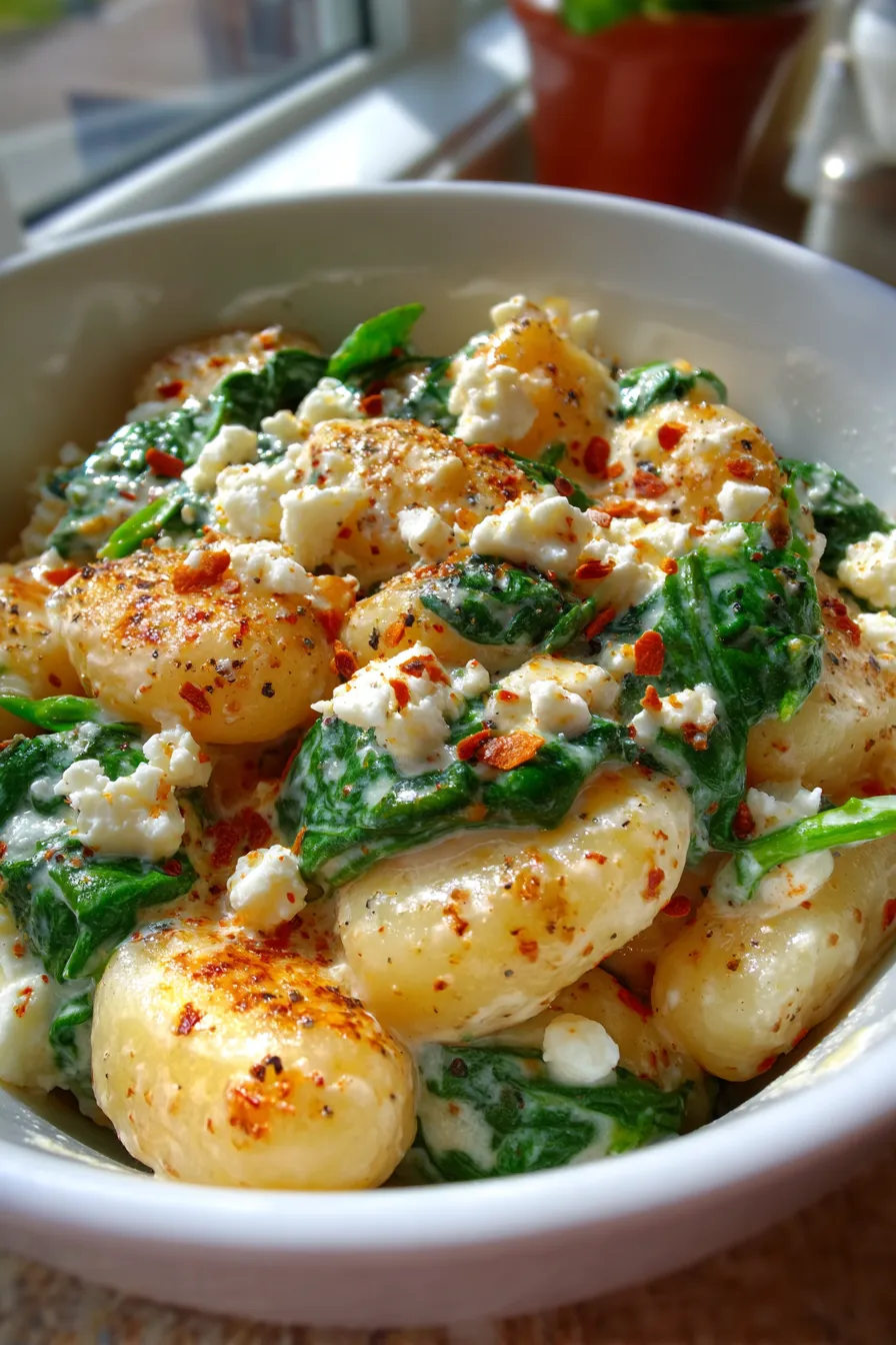 Creamy Gnocchi with Spinach and Feta - plated - rustic bowl
