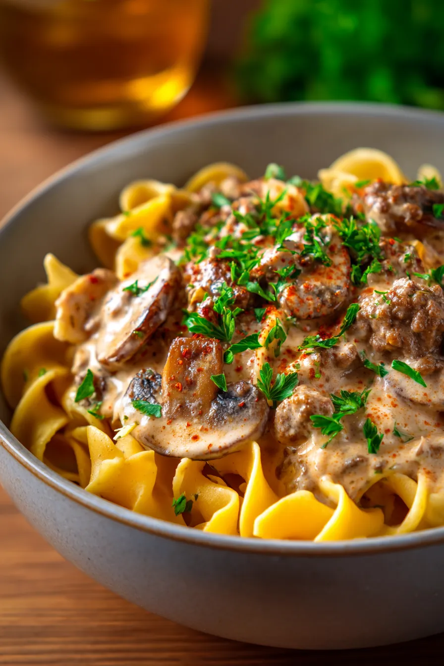 Creamy Ground Beef Stroganoff in 30 Minutes-serving-bowl