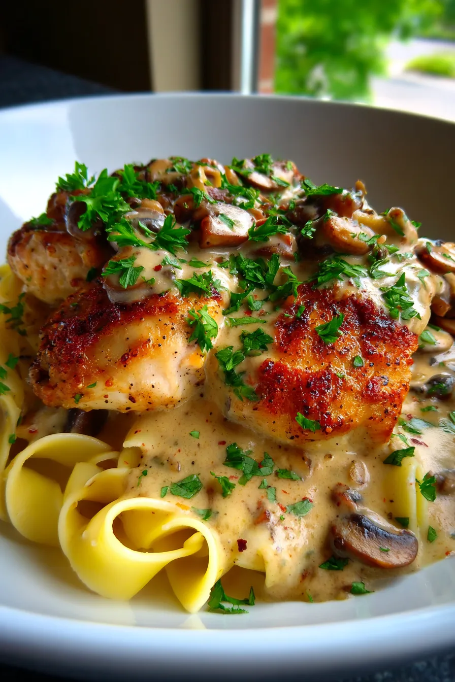 creamy mushroom asiago chicken - plated - garnished