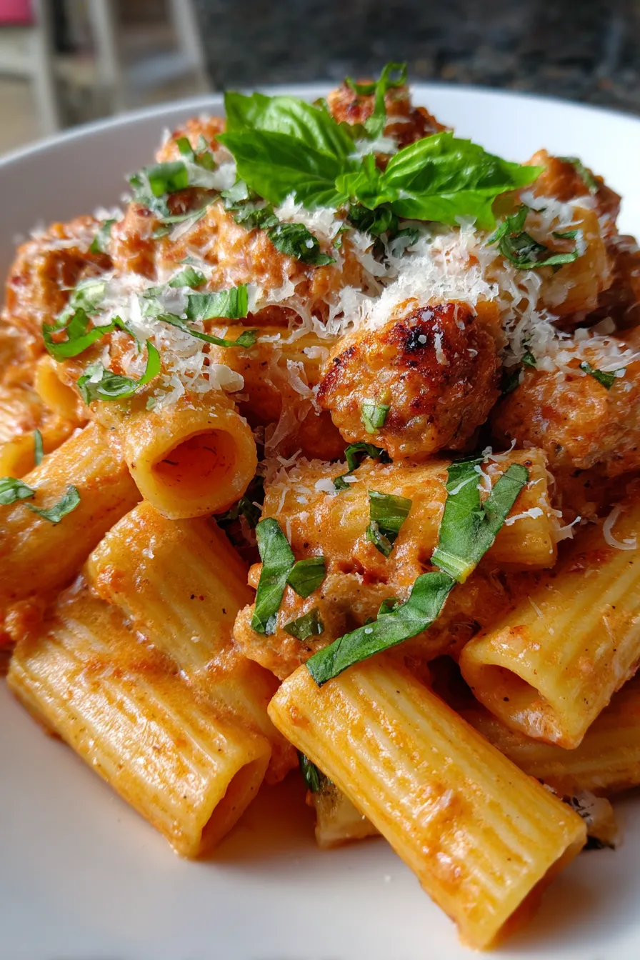 Creamy Sausage Rigatoni Pasta Recipe-closeup-texture