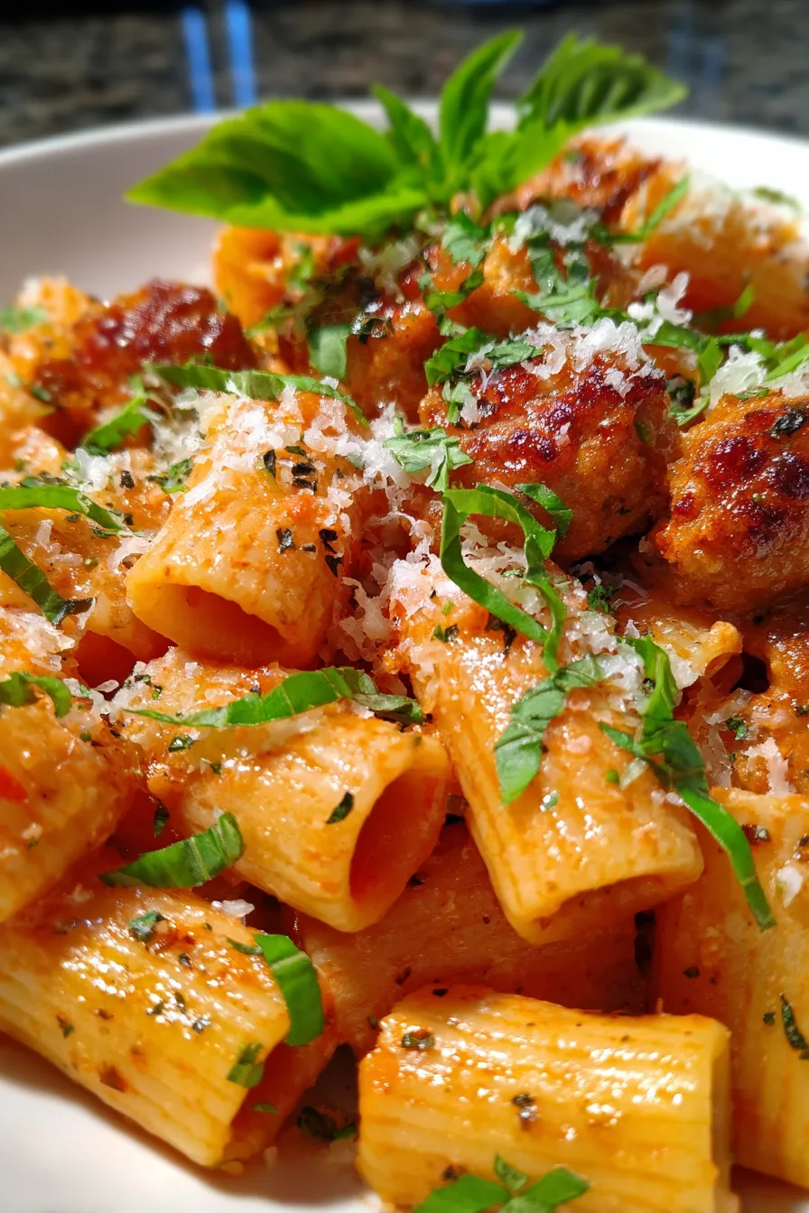 Creamy Sausage Rigatoni Pasta Recipe-finished-dish-garnish