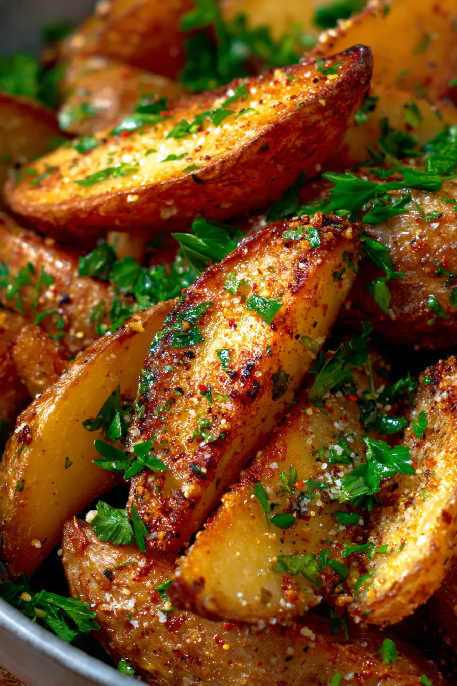 Crispy Garlic Parmesan Potato Wedges Recipe – Easy Oven Baked Appetizer-plate-garnished