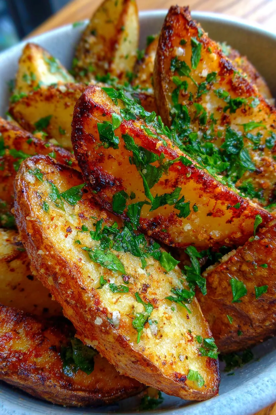 Crispy Garlic Parmesan Potato Wedges Recipe – Easy Oven Baked Appetizer-seasoned-close-up