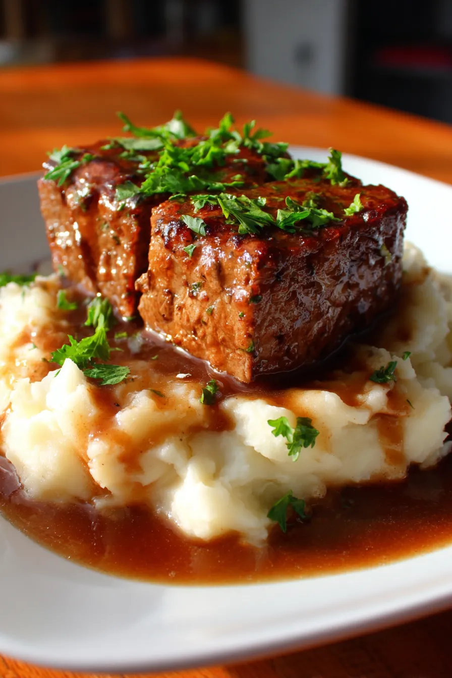 Crock Pot Cube Steak with Gravy - close up, rich gravy, tender meat
