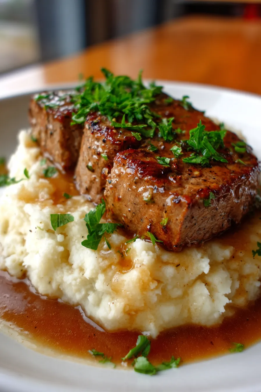 Crock Pot Cube Steak with Gravy - serving suggestion with green beans
