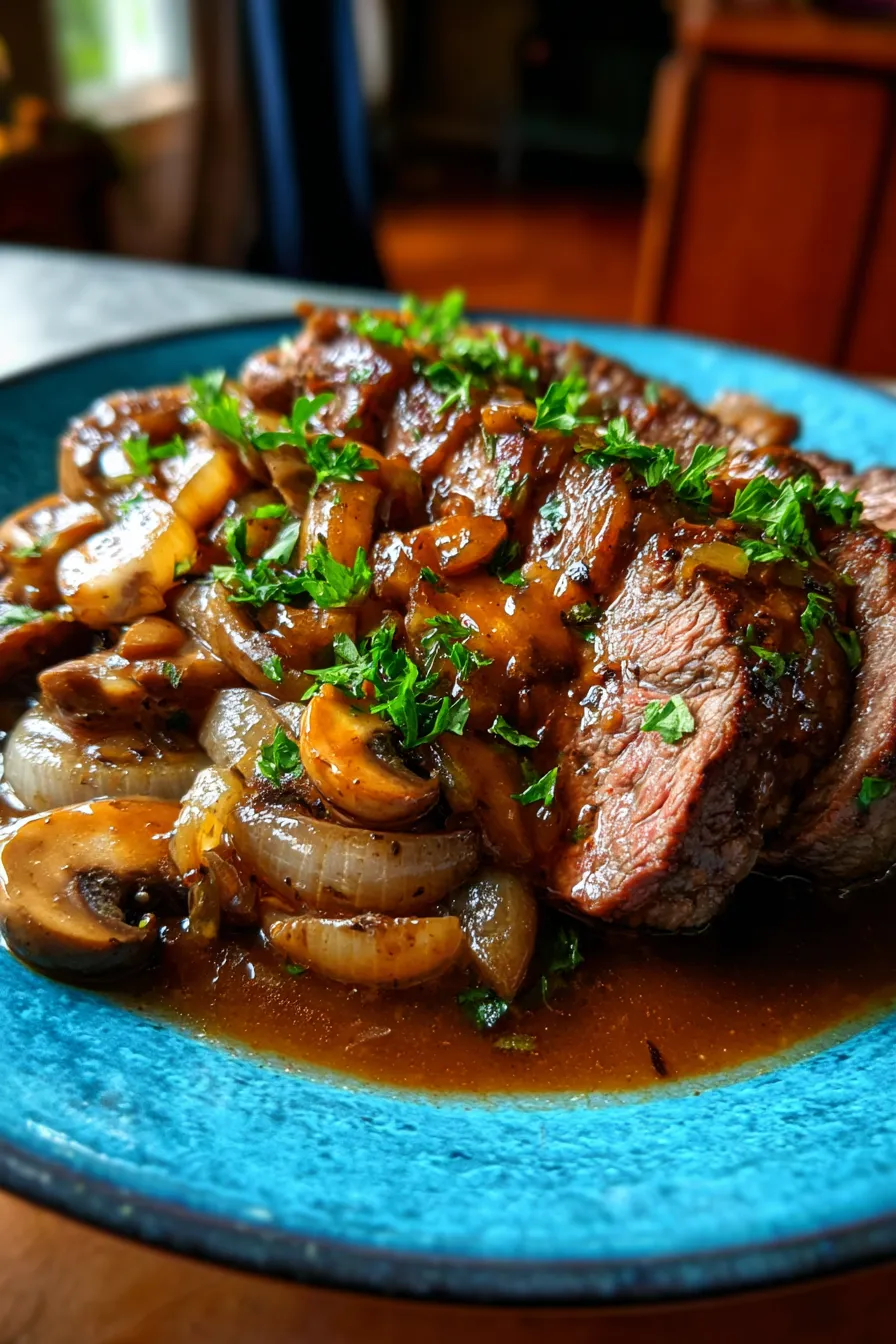 Crock Pot Sirloin Steak and Gravy-simmering-slowcooker