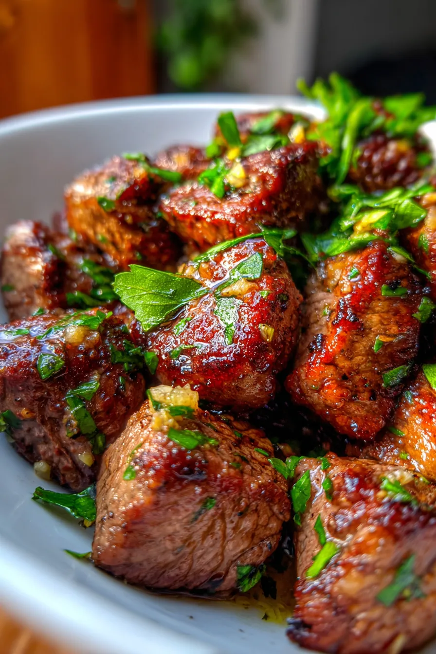 Crockpot Garlic Butter Steak Bites-texture-closeup