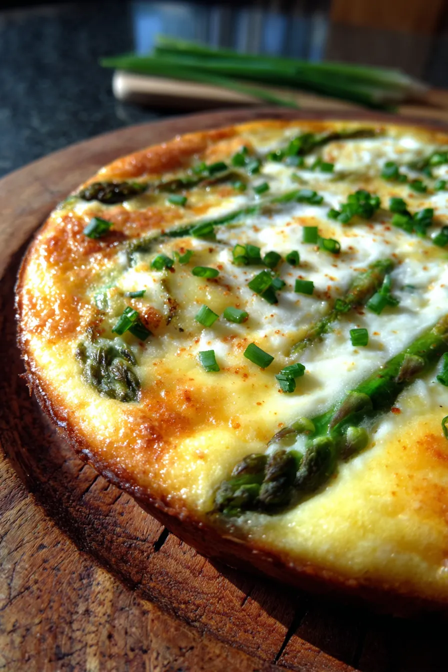 Crustless Asparagus Quiche - Gluten Free-sliced-overhead-bright light