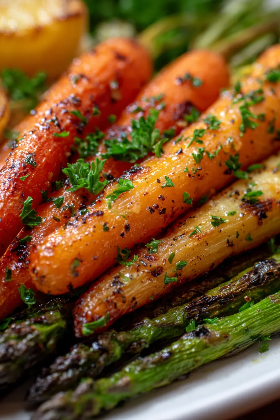 Detailed texture shot of roasted asparagus tips and browned carrot edges, a sprinkle of sea salt, f/2.8 focus.