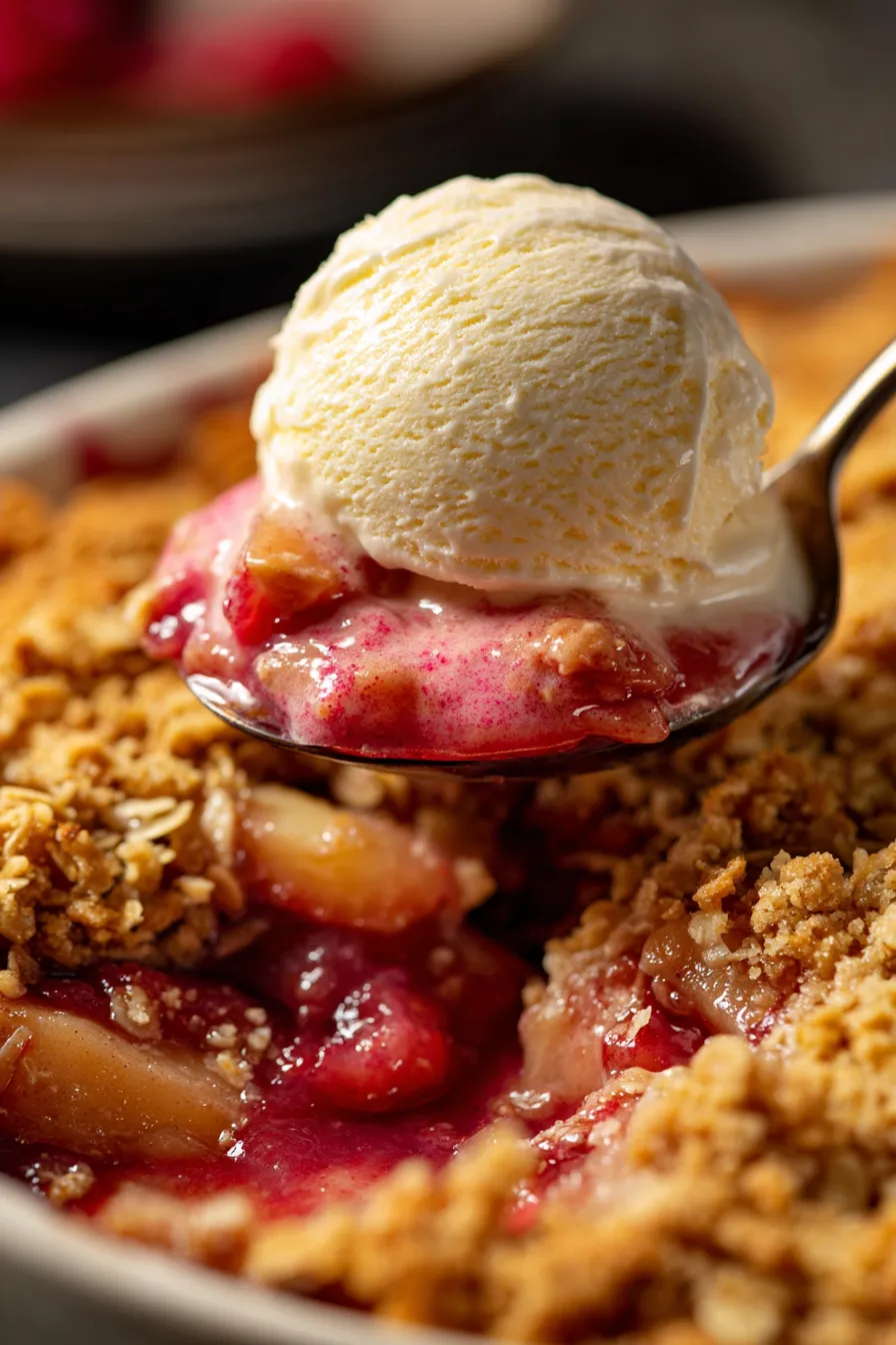 Easy Rhubarb Crisp-bubbly filling-close up