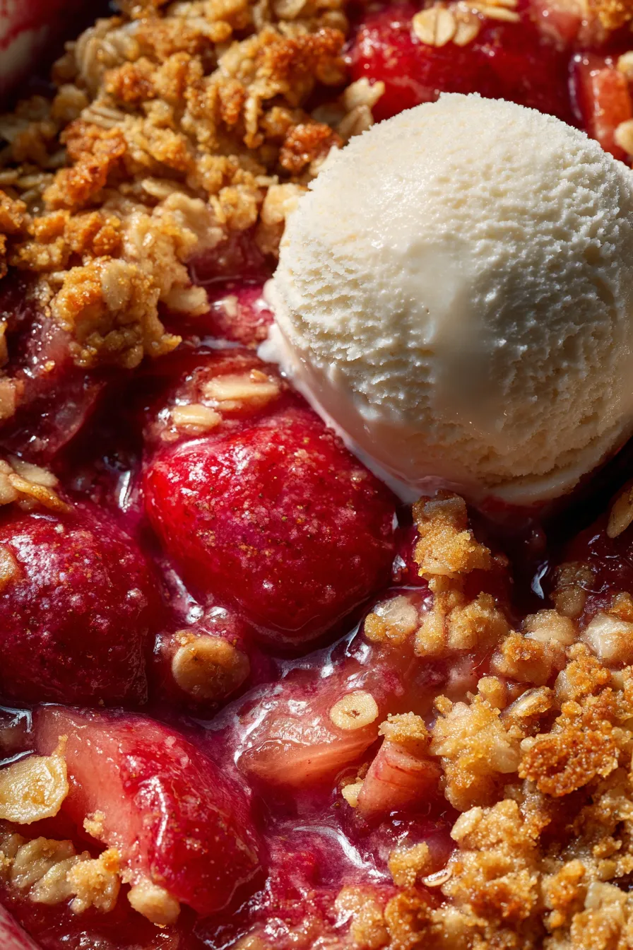 Easy Rhubarb Crisp-scoop vanilla ice cream-side view