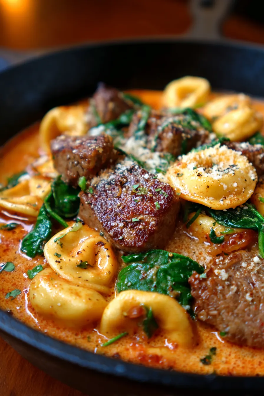 Garlic Steak Tortellini Skillet-texture-closeup