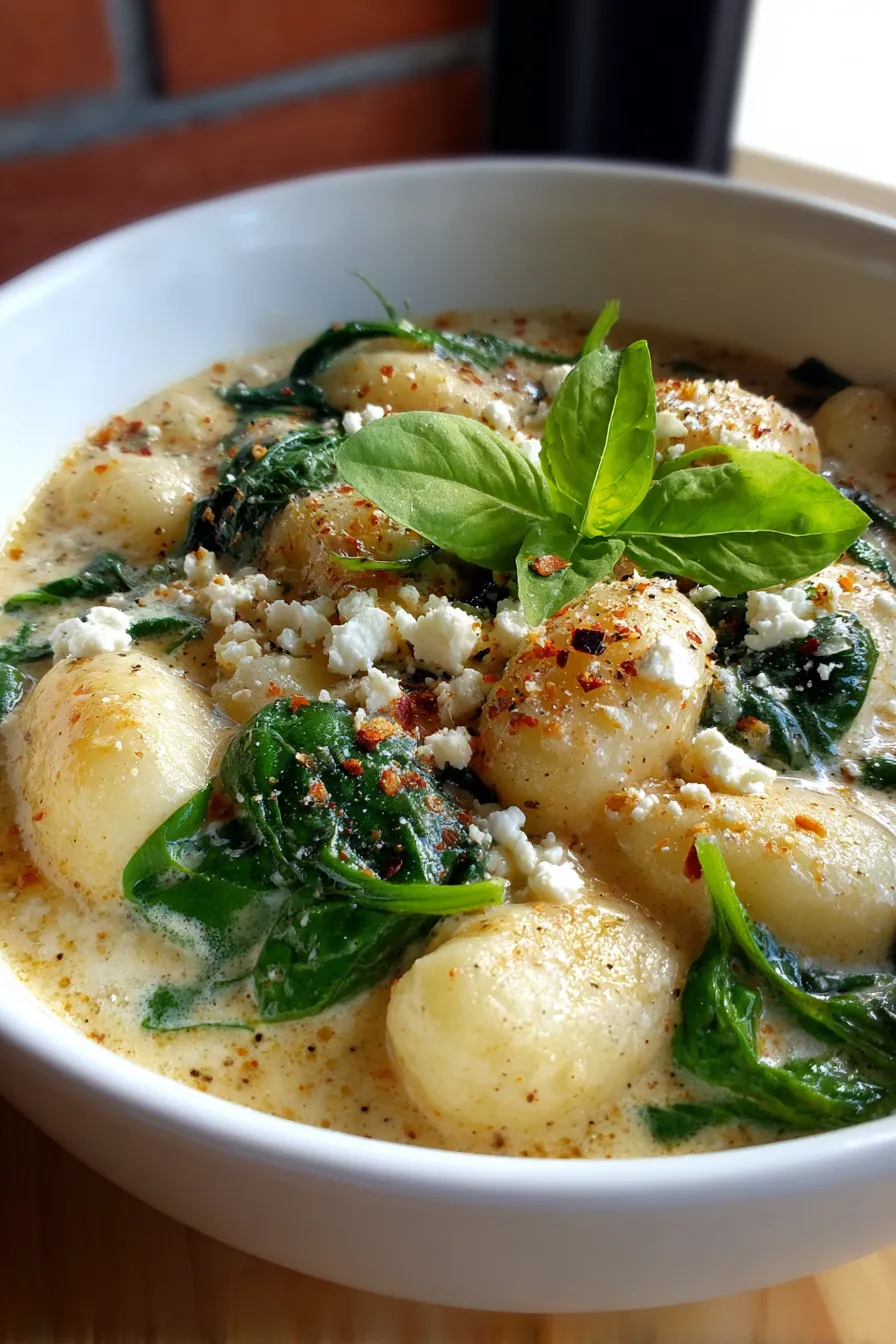 Gnocchi close-up - creamy sauce - fresh spinach - feta crumbles