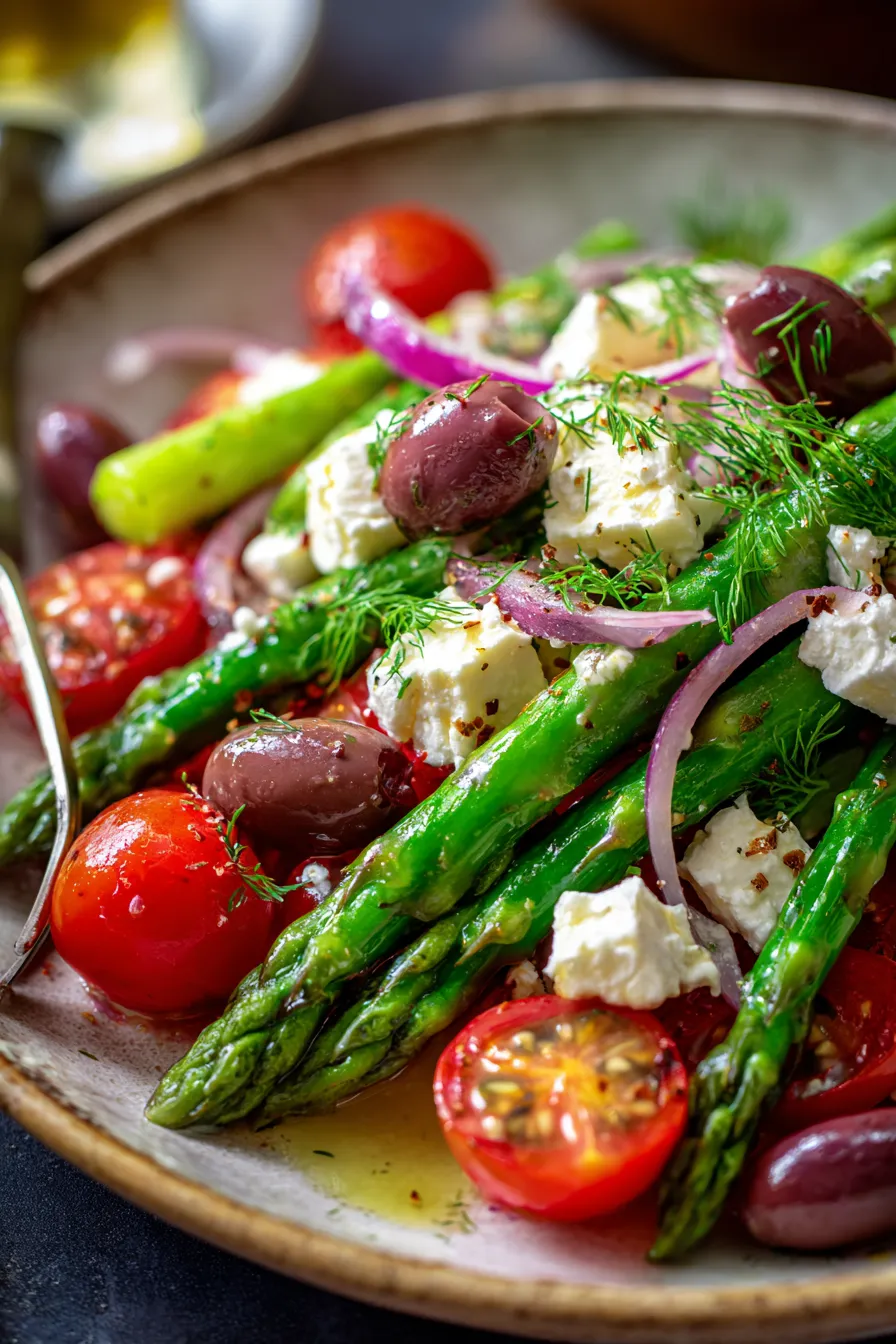 Greek Asparagus Salad • Olive & Mango-dressing-pour-action